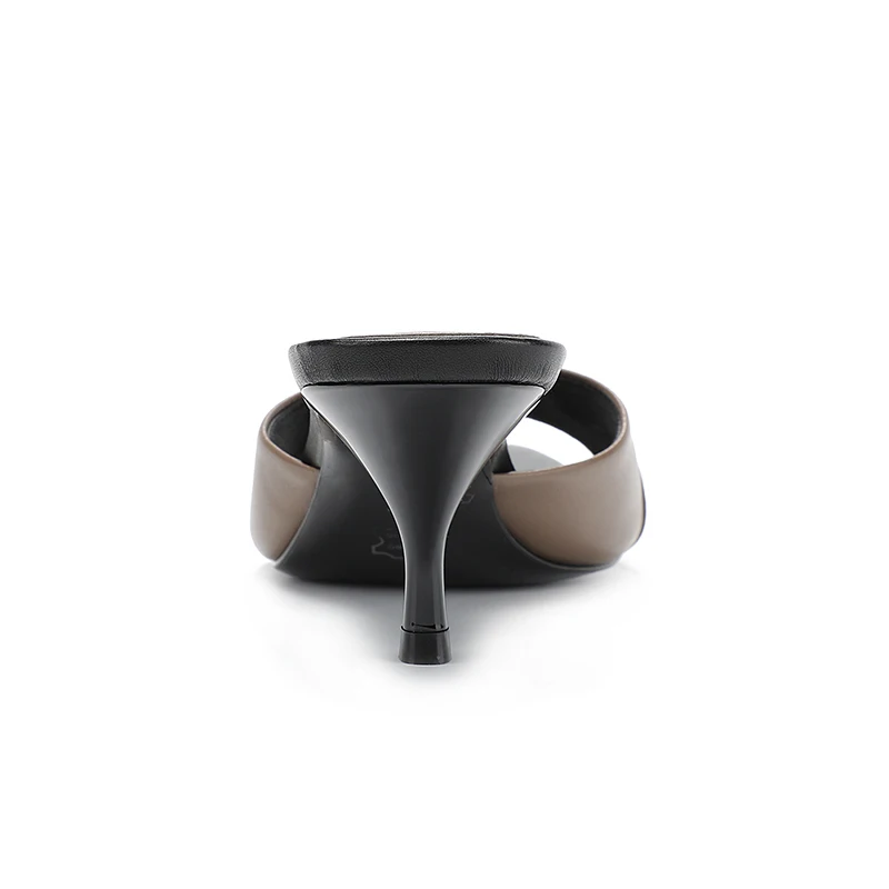 2024 New Women's High Heel Slippers Metal Decoration High Heel Fish Mouth Shoes Summer Genuine Leather Pointed Slippers size43