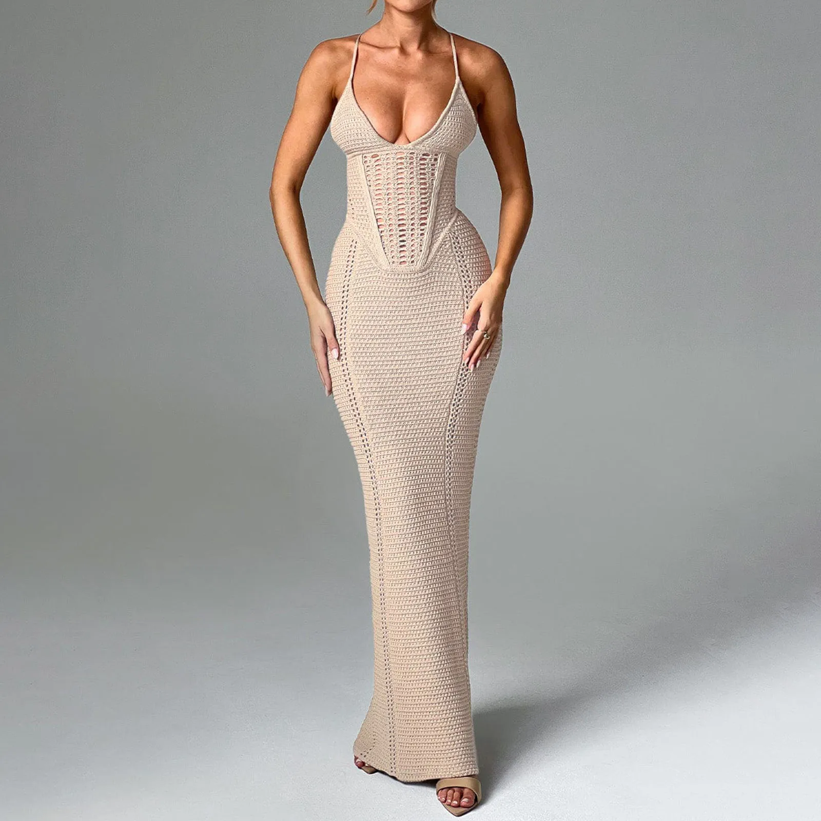 

hirigin Hollow Out Backless Knit Dress For Women Spaghetti Strap Bandage Sleeveless Bodycon Club Party Sexy Long Dress Elegant