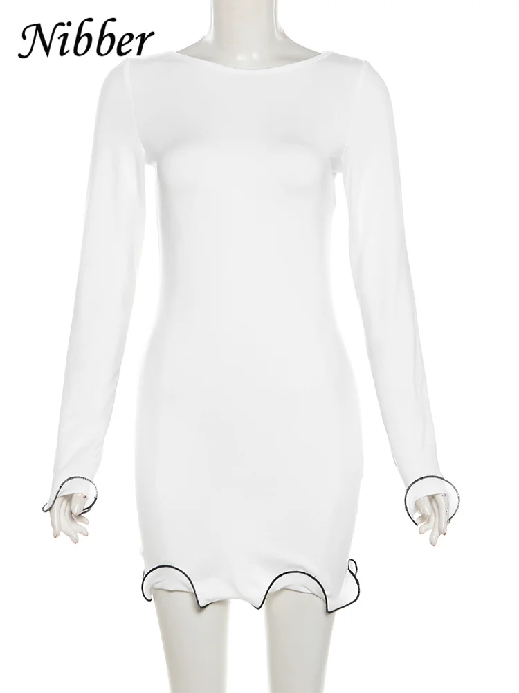 Nibber Ruffles Elegant Dress Women Autumn Trend Contrast Long Sleeve Casual Simple Basic Stretch Daily Vacation Mini Bodycon