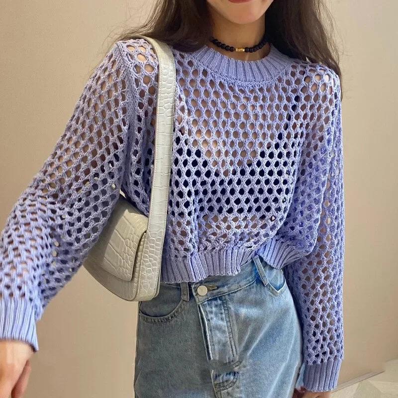 

Women's Retro Sunscreen Hollow Out Knitwear Long Sleeve Cover Up Top Summer Design