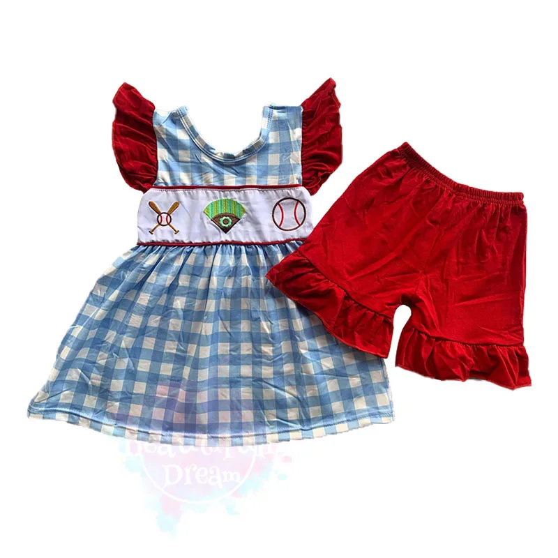 

Sports Style Kids Clothes Baby Girls Sets Short Ruffle Sleeve Plaid Top and Red Shorts Boutique Summer Toddler Outfits