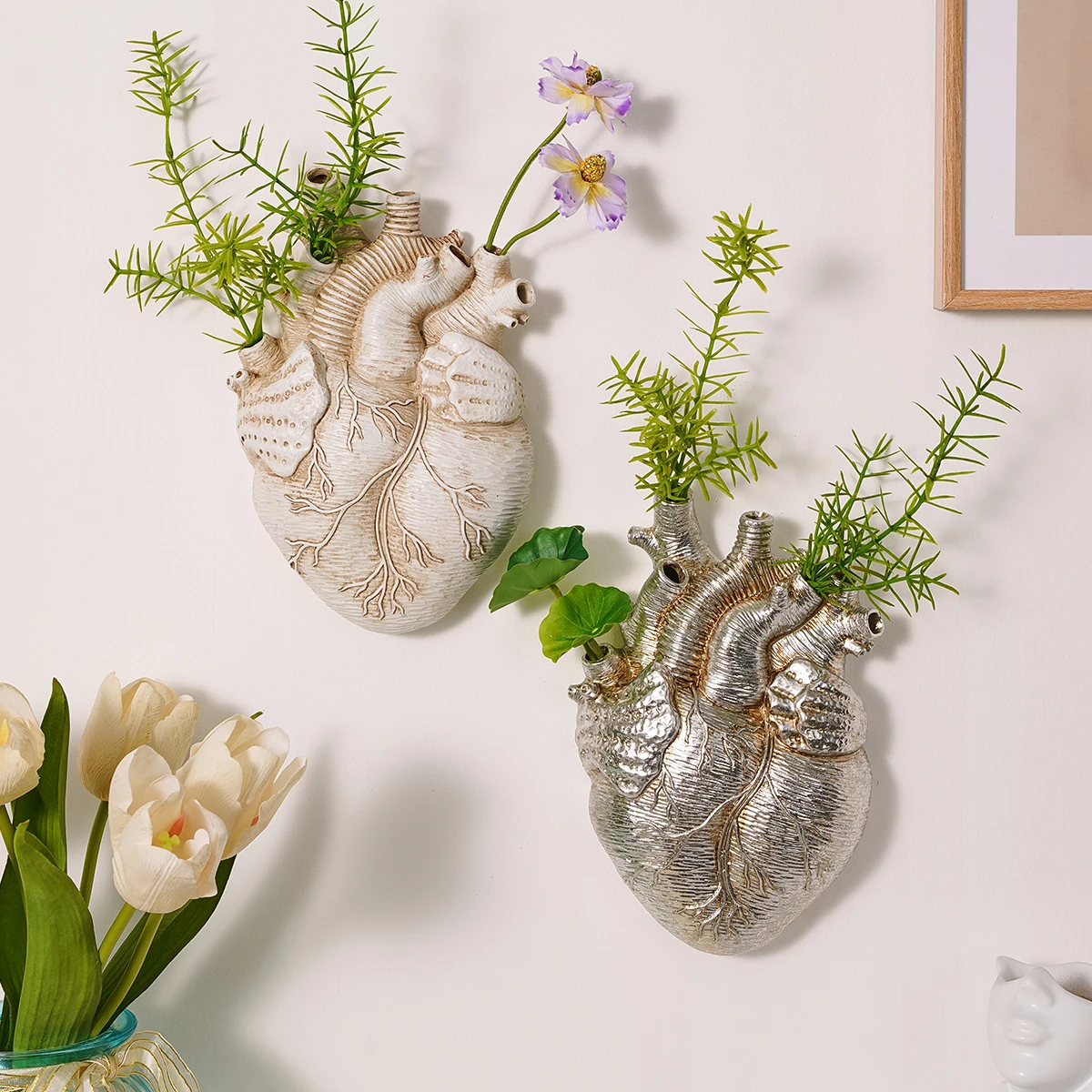 1PC, resin multi-color artificial flat heart hydroponic ornament, used for home, courtyard, porch and other home decoration
