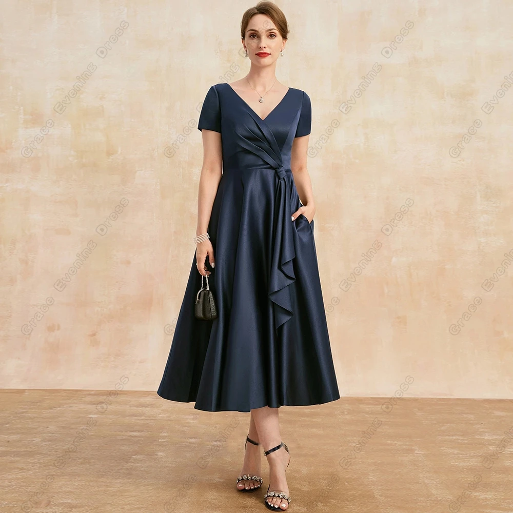 

Strapless Navy Blue Mother of Bride Dresses for Women Short Sleeve Wedding Party Dresses 2024 Summer New Pleat Robe De Soirée