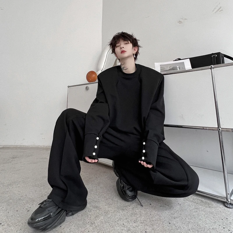 

2023 Autumn Niche Cuff Button Decoration Black Shoulder Pad Sweatershirt Suit High-End Tops Casual Wide Leg Pants Two Piece Sets