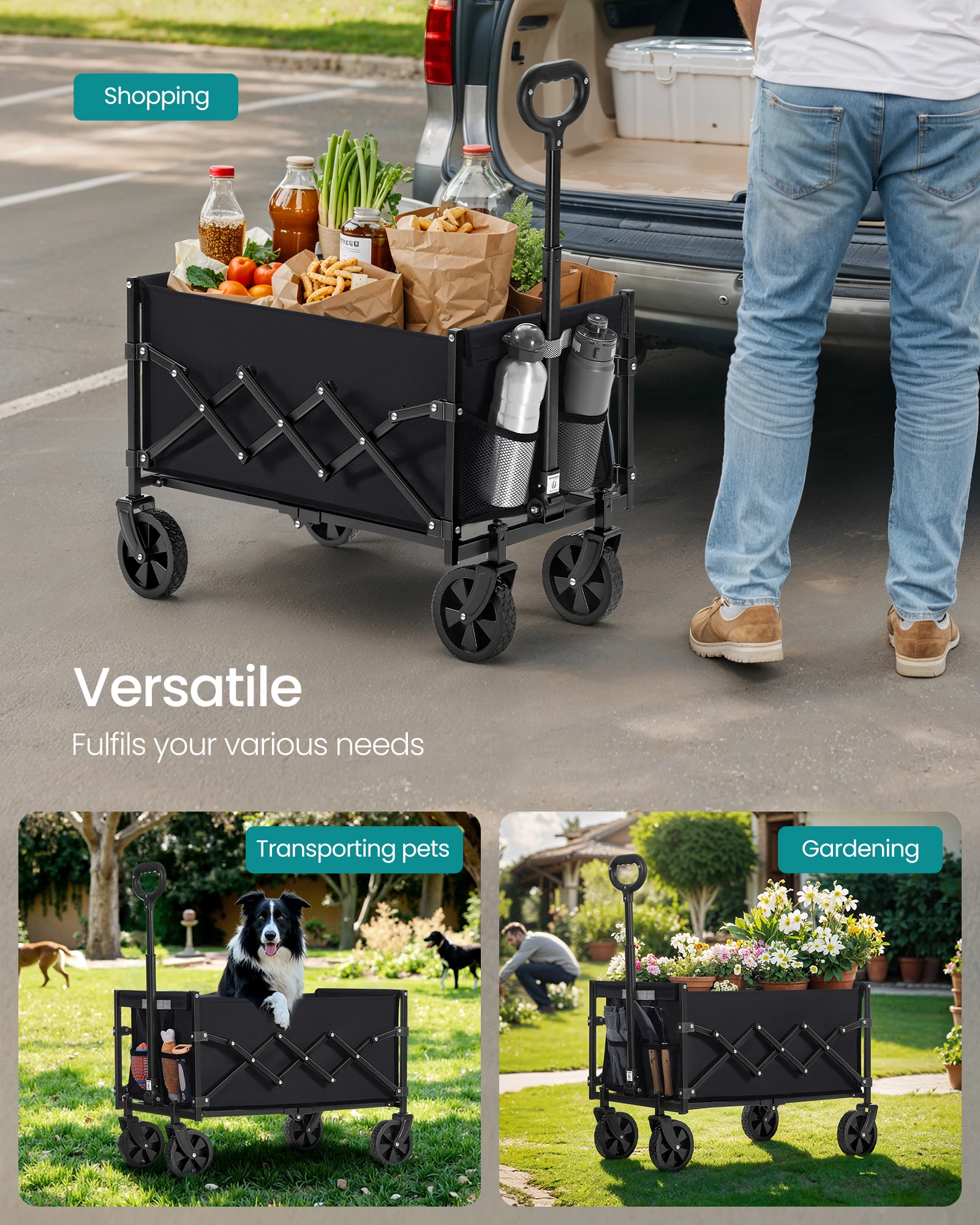 SONGMICS Collapsible Wagon, Portable Wagon Folding with Wheels, Utility Pull Wagon,Camp Garden Cart with Handle,Loads Up to 33lb