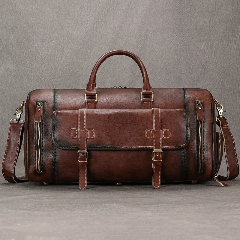 Luufan Men Genuine Leather Travel Bag With Shoes Pocket Retro Real Leather Travel Bag Vegetable Duffel Large Capacity Tote