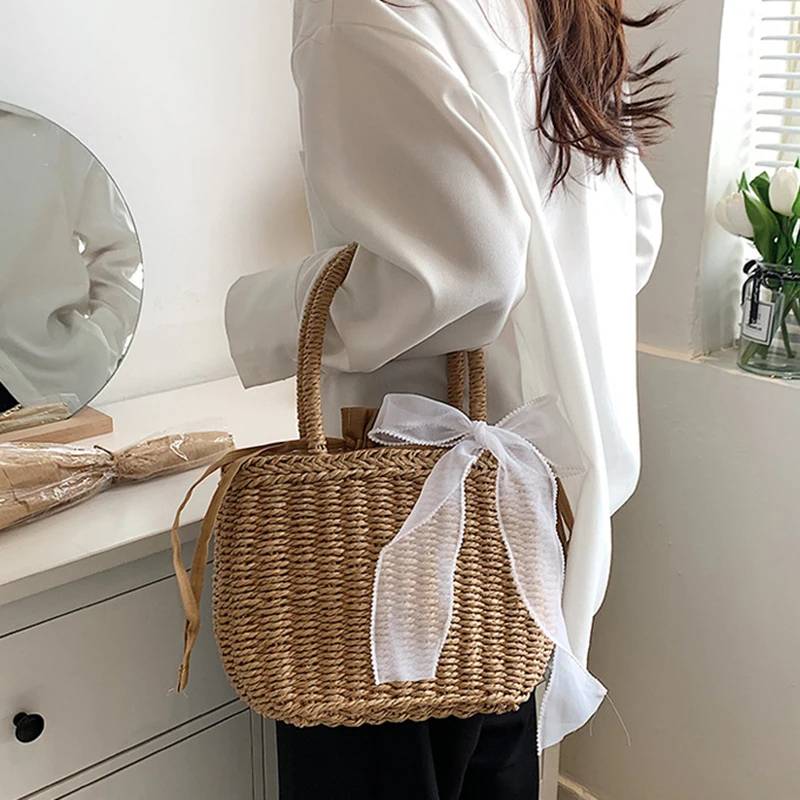Einfaches Design Stroh Handtaschen für Frauen handgemachte böhmische Stil Strand tasche Sommer Mode Pack Eimer Tasche Geldbörse Taschen – Detail 12