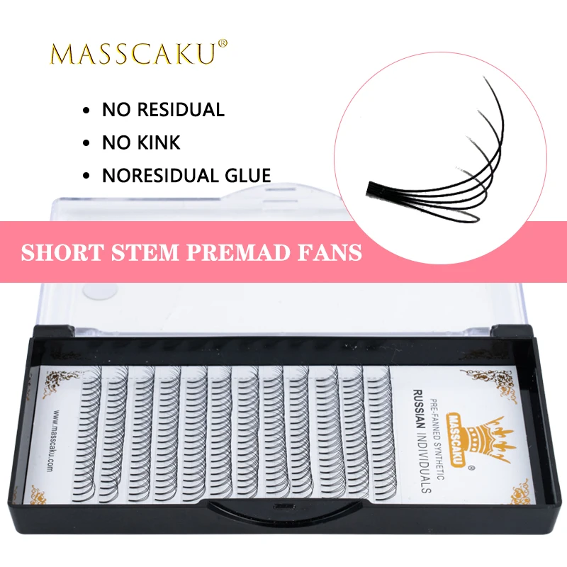 

1 case MASSCAKU short stem premade fans russian volume 0.07 0.10 thickness professional eyelash extensions for eye beauty