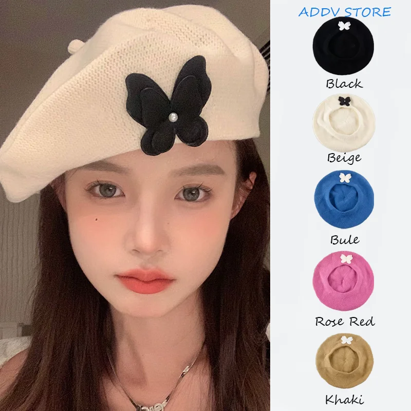 

Y2k Butterfly Knitted Beret Summer Thin Japanese Bow Cute Breathable Painter Hat Retro Beret Hat