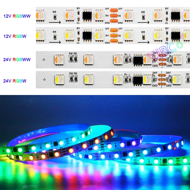 

12V 24V 5m 4 in 1 RGBW RGBWW addressable LED strip tape WS1814A SMD 5050 RGB+White/Warm white full color light Tape External IC