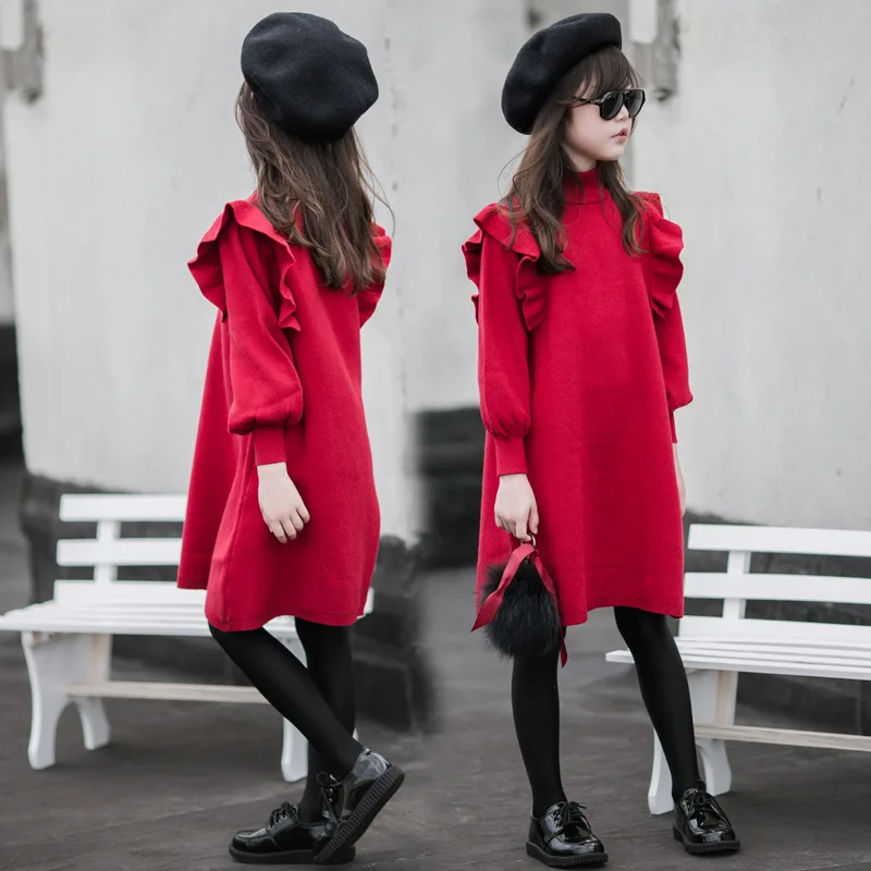 Children Kids Girls Clothes Red Spring Knitted Ruffles Teen Girl's Long Sleeve Sweater Dresses 4 5 6 7 8 9 10 11 12 13 14 Years | Детская