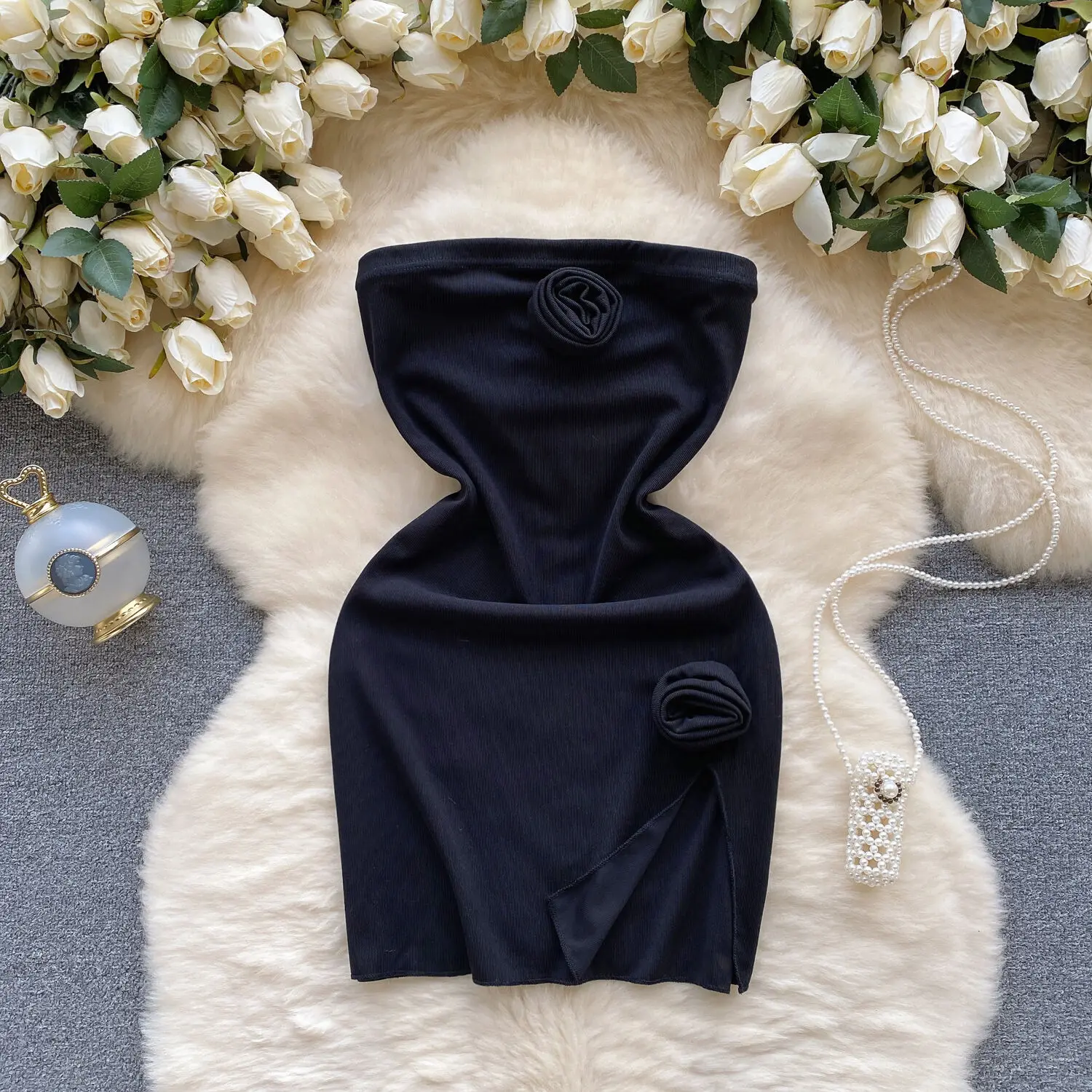 

Pure Sexy Spicy Girl's Bodycon Short Dress Women's INS New 3D Flower Design Sleeveless Bra Wrap Hip Tube Bodycone Mini Dress