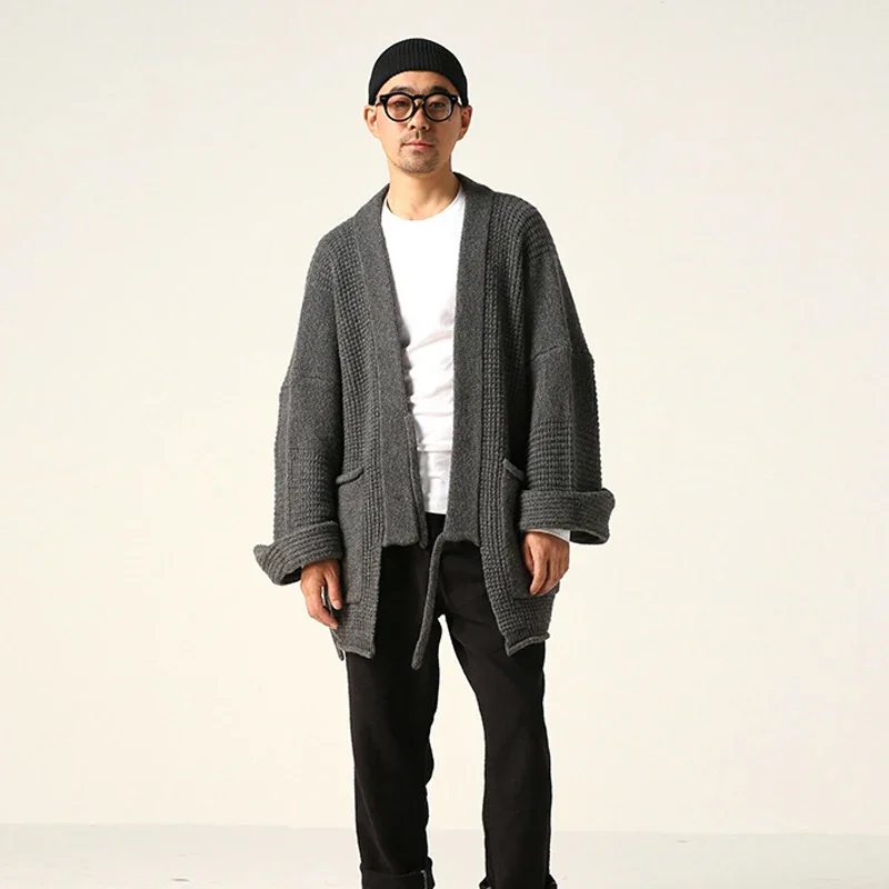 Kapital Vintage Hirata Knitted Sweater for Men Japane Cardigan Coat Grey V-neck Long Sleeved Waffle Sword Lace Up Taoist Robe