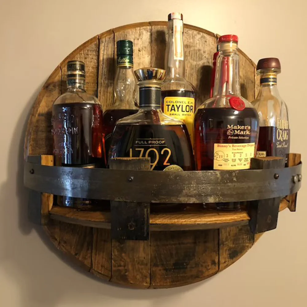 

Whiskey Barrel Rack Vintage Wooden Liquor Bottle Display Shelf Kitchen Barware Mini Bar Wall-mounted Shelves Rack Wine Holders