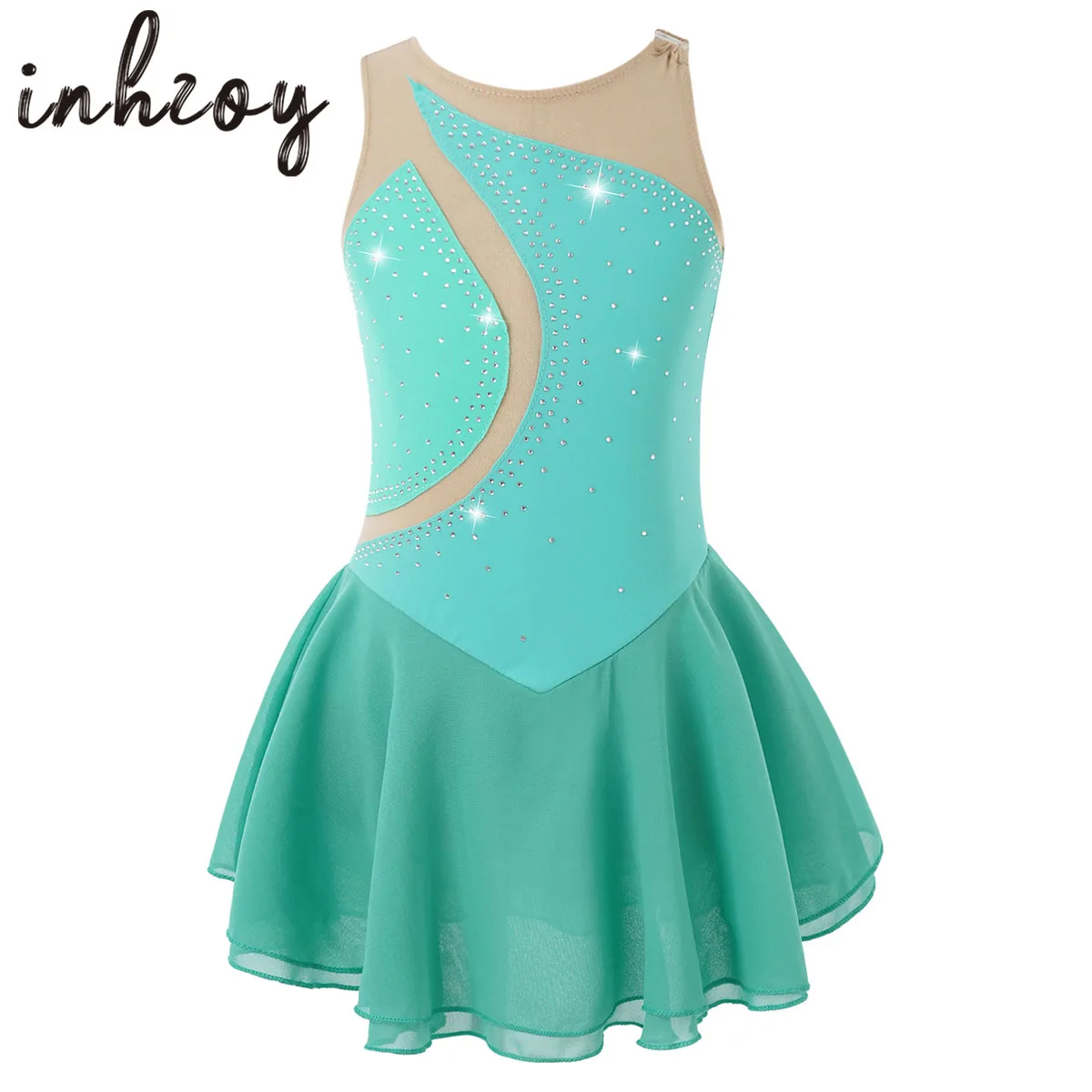 Kids Girls Mesh Rhinestone Gymnastics Leotard Stage Performance Figure Skating Dress Chiffon Skater Dance Competition Costumes