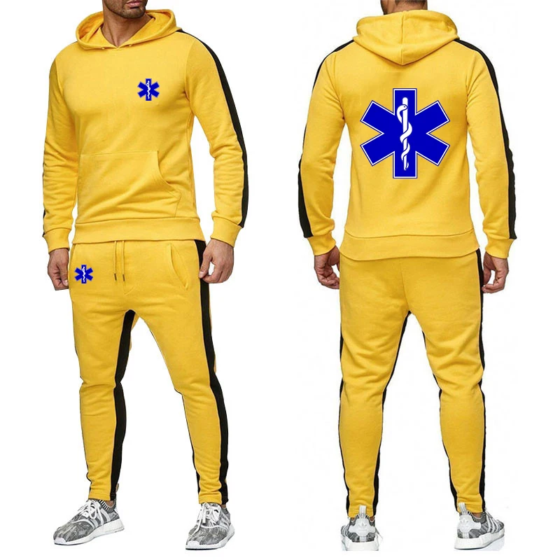 Cotton Emergency Ambulance Print Hoodies and Sweatpants for Men