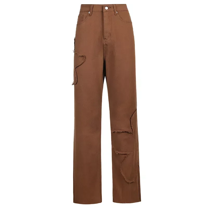 

Brown Korean Vintage Straight Jeans Women Patched High Waisted Baggy Cotton Wide Leg Slim Cargo Pants Denim Trousers New