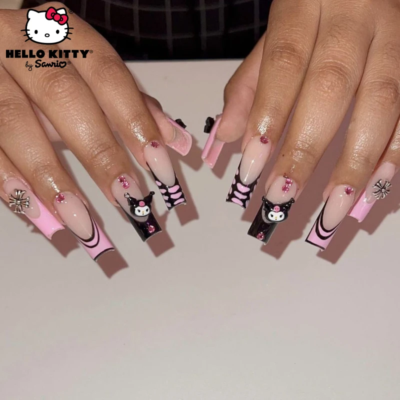 

Sanrio Kuromi Y2K Hot Girl Pink Rhinestone Fake Nail Patch Handmade Three-Dimensional Removable Nail Art Gothic French Manicure