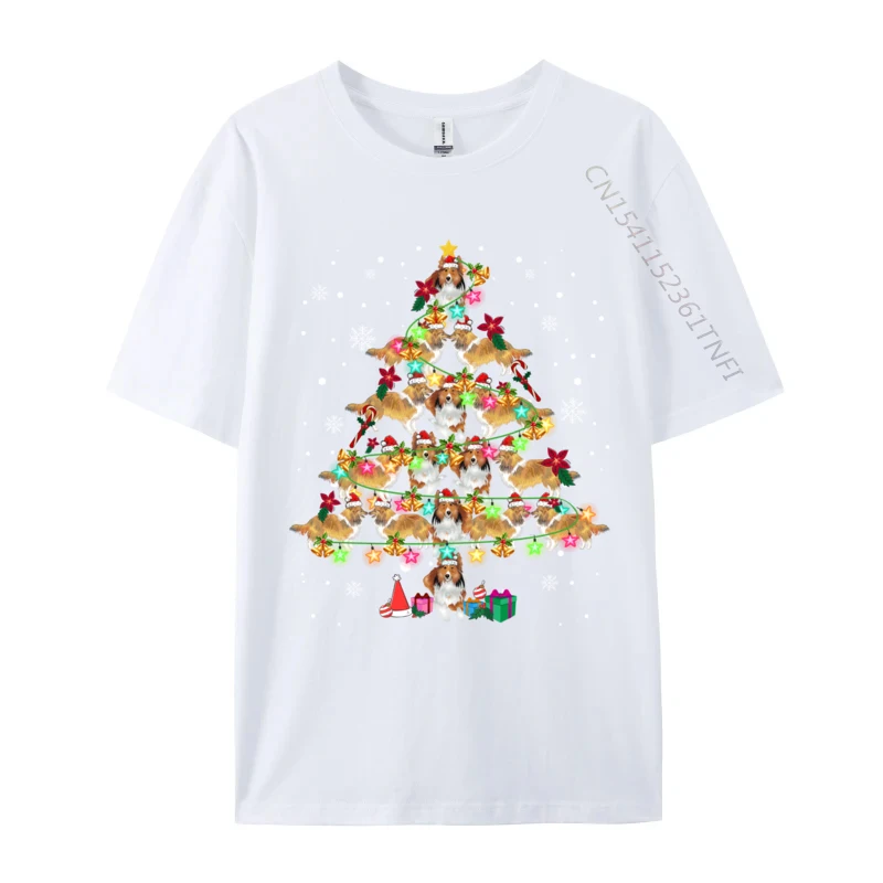 Casual T Shirts Custom Short Sleeve Classic Round Collar 100% Cotton Tops & Tees Personalized Tops Shirts for Men Summer/Fall Shetland Sheepdog Christmas Tree Funny Sheltie Christmas white