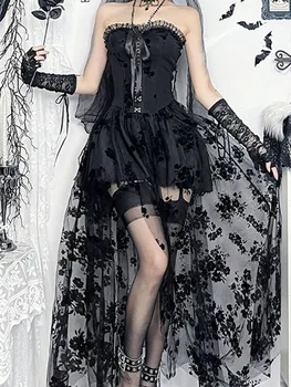 Black Lace Off Shoulder Maxi Dress for Women Vintage Victorian Gothic Embroidered Sleeveless A-Line Gown with Mesh Insets 2