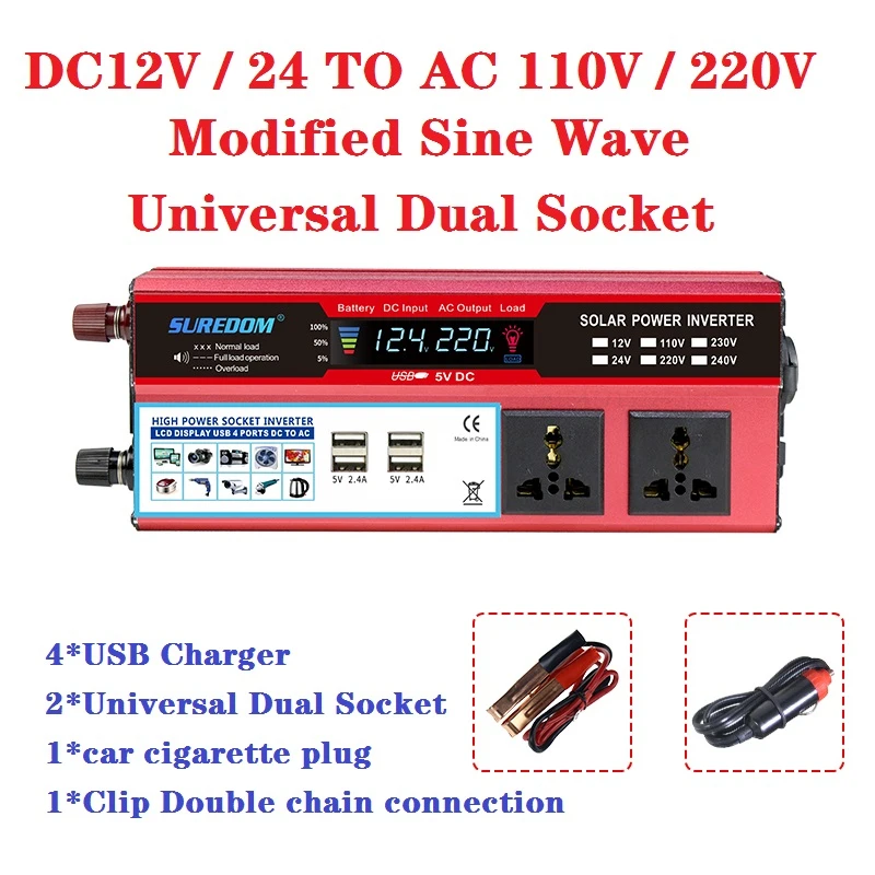 

1000W/1500W/2000W Car Power Inverter DC 12V/24V To AC 110V/220V Converterr with Universal Dual Socket Modified Sine Wave