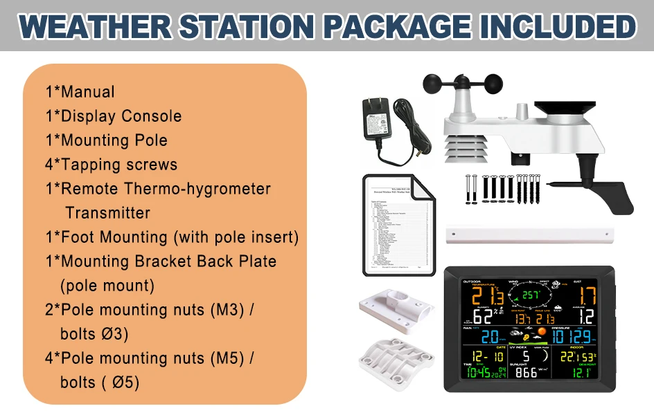 8.3" WiFi Weather Station 14-in-1 with Solar Sensor 328FT Range Real-Time Sync t