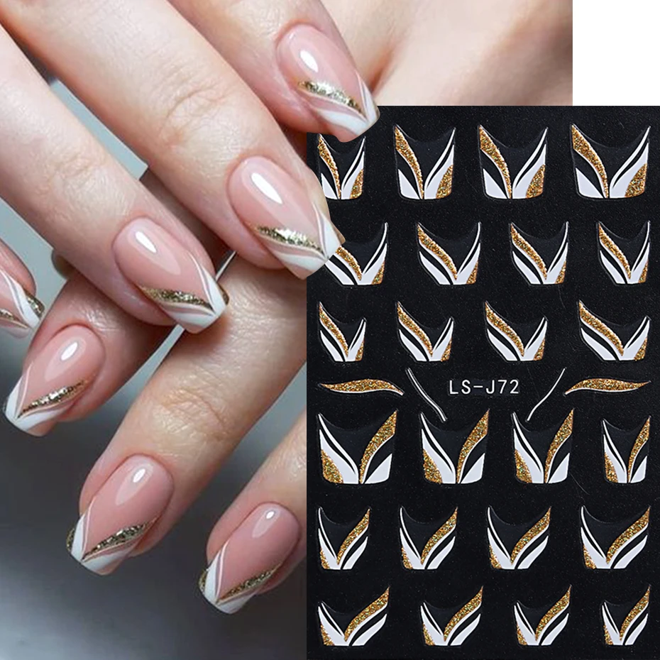 Description Picture 3 of itemShiny Glitter French Lines Nails Stickers Waves Curve Ribbon White Gold Stripes Manicure Decals Nails Charming Decoration LS-J72