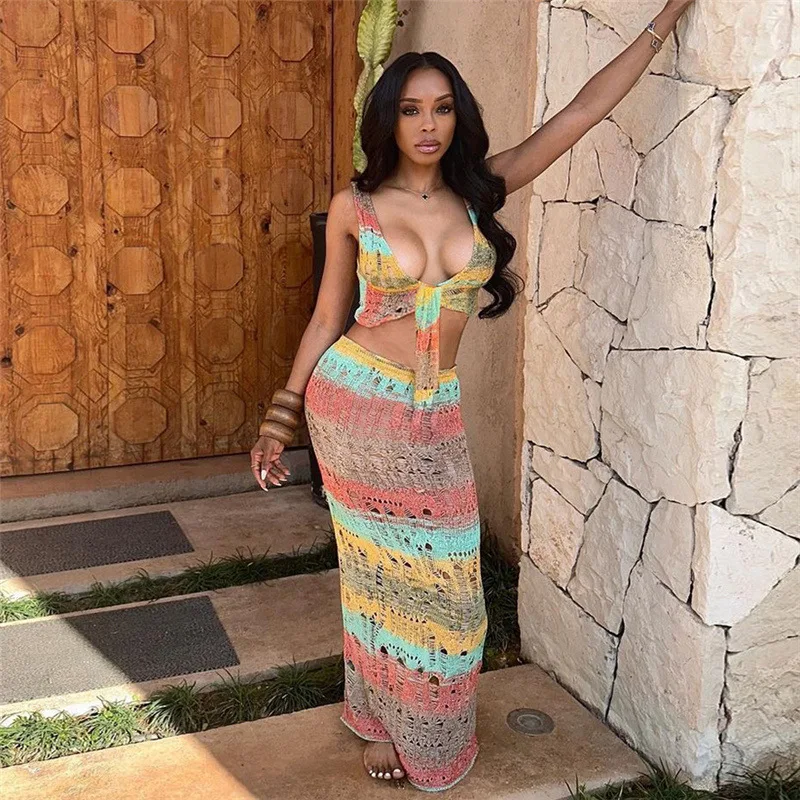 

2023 Ladies Knitting Summer Hollow Out Sleeveless Lace Jacket Slim Color Sexy Dress Suit Bodycon Dresses Long Women Casual