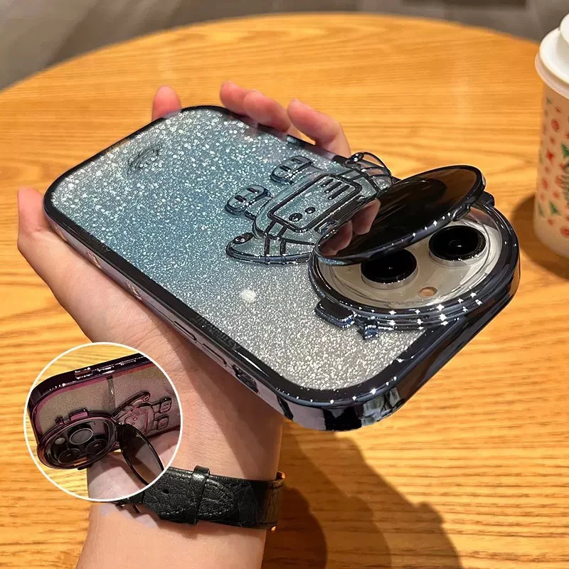 Cheap Luxury Glitter Transparent Cartoon Astronaut Camera Folding Holder  Case For iPhone 11 12 13 14 Pro Max 14Plus