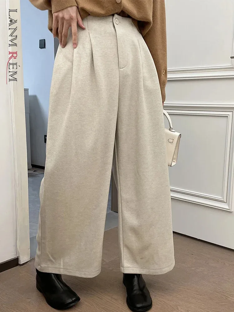 

[LANMREM] Pleated Minimalism Woolen Wide Leg Pants Women High Waist Straight Office Lady Warm Clothing 2023 Winter New 26D7471