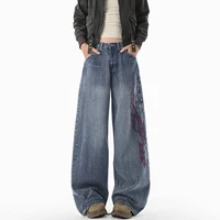 Nouveau jean évasé streetwear Y2K brodé flamme pour homme, pantalon en denim ample et droit style hip-hop Harajuku 2