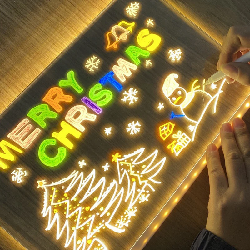 Kids LED Luminous Blackboard Drawing Toys Colorful 7 Pens Art Doodle Board Acrylic Lamp Message Board Montessori Educational Toy