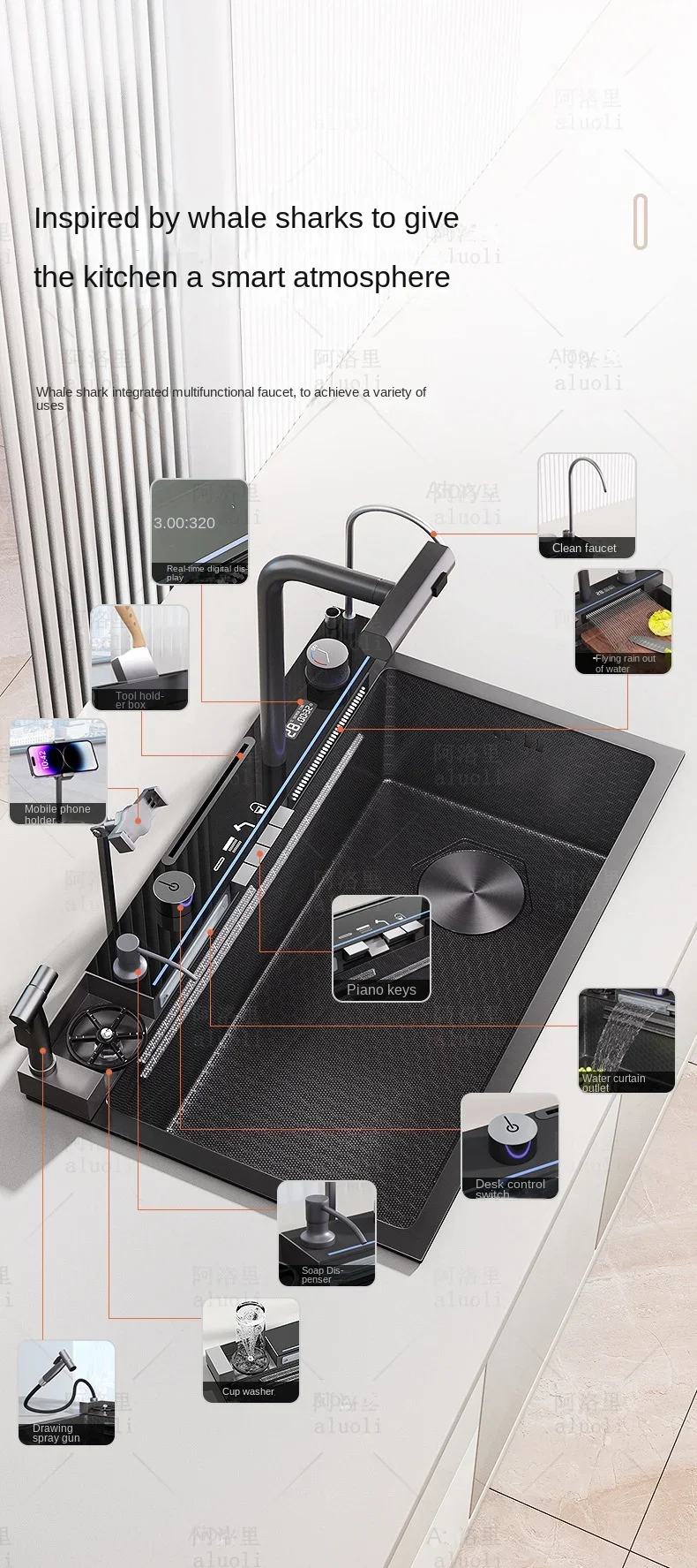 Kitchen Sink 304 Stainless Steel Waterfall Large Single Slot Digital Display Embossed Washing Basin Household Dishwashing