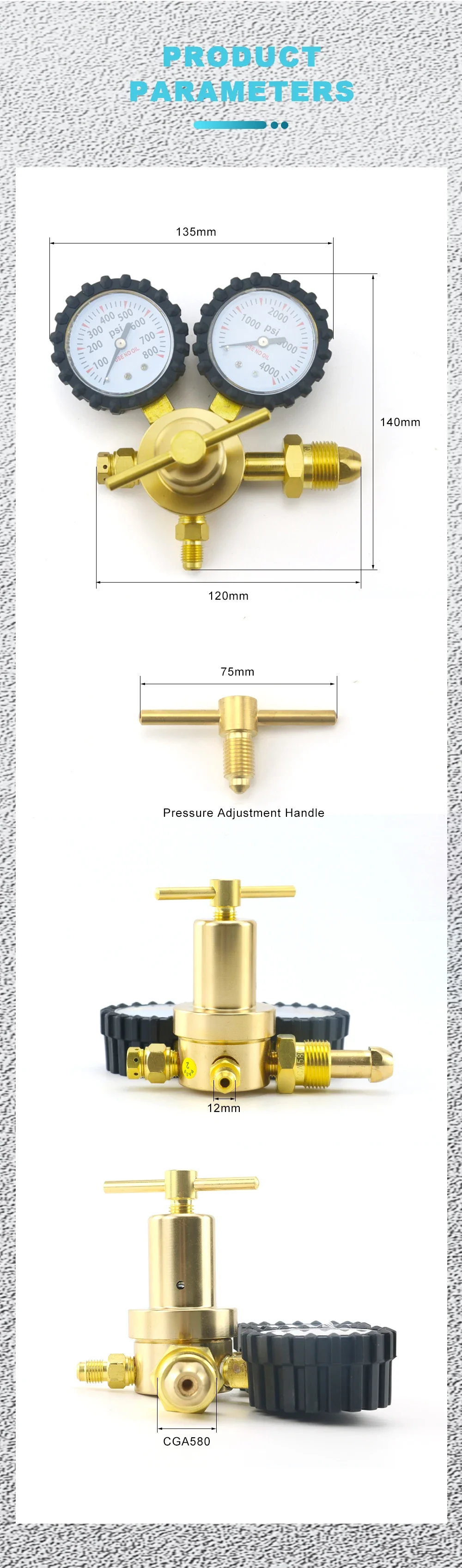 Description Picture 3 of item1/4" Brass Nitrogen Regulator 0-800PSI Gas Pressure Reducing Valve Connection Gauges CGA580