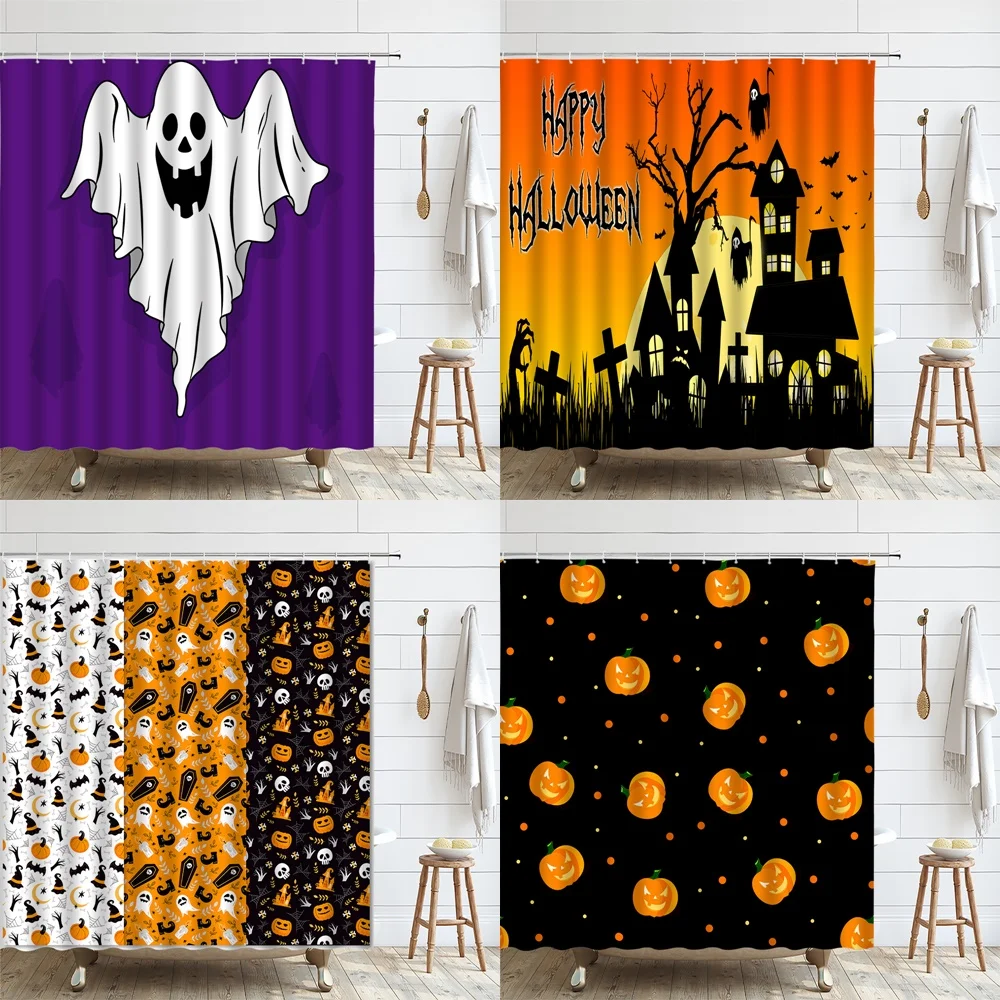 

Halloween Horror Ghost Shower Curtain Spooky Pumpkin Witch Hat Cemetery Castle Bathroom Decor Waterproof Bath Curtains with Hook