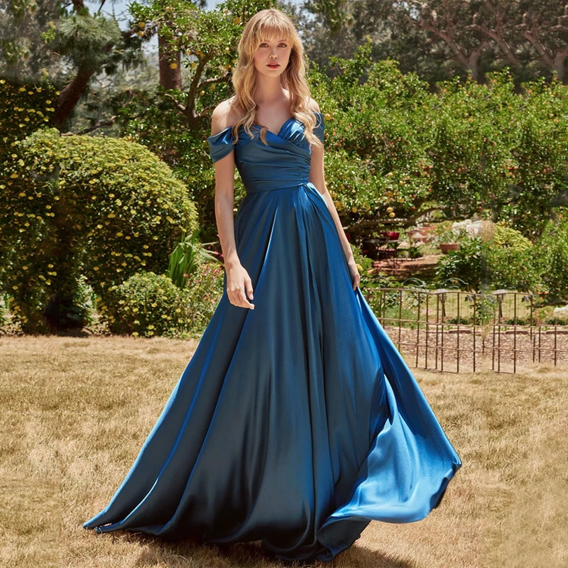 

Sweetheart Off Shoulder Slit Pleat Satin Zipper Prom Gown A-Line Evening Dress Vestidos De Noche