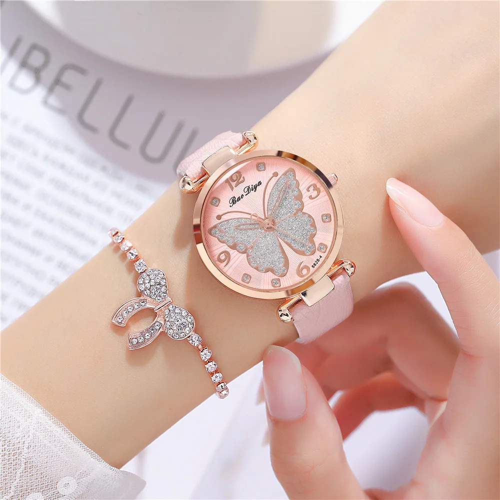 

Fashion Rhinestone Butterfly Pattern Leather Strap Quartz Watch Ladies Dress Clock Casual Wristwatch Luxury Watches for Women