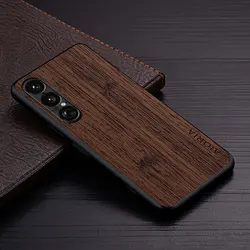 Luxury Bamboo Wood Pattern Leather Phone Cover for Sony Xperia 1 VII (Coffee)