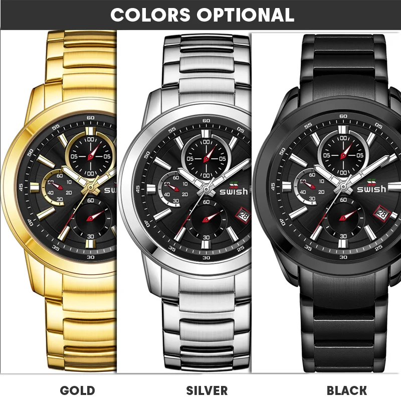 SWISH Top Brand Chronograph Quartz Watch for Men Relogio Masculino Gold Black Steel Dress Wristwatch Date Gift Box Fashion Clock