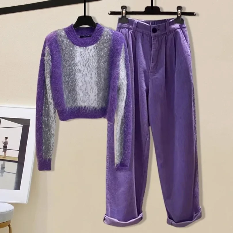 Autumn Wear Women's 2023 New Korean Fashion Loose and Age Reducing Long Sleeved Sweater Wide Leg Pants Two Piece Set