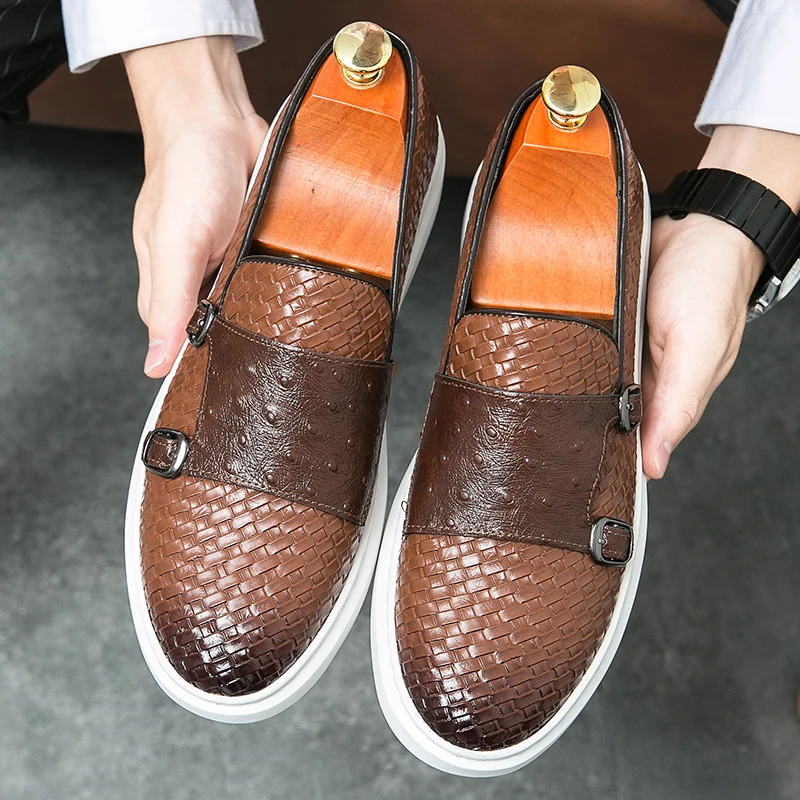 Men Casual Sneakers Woven Double Buckle Man Fashion Loafers Platform Slip On Business Party Dress Leather Shoes Breathable Male