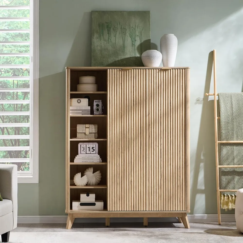 Fluted Shoe Storage Cabinet with 2 Sliding Doors, 6-Tier Adjustable Shelves, 60" Tall Large Shoe Organizer, Wooden Shoe Rack 3