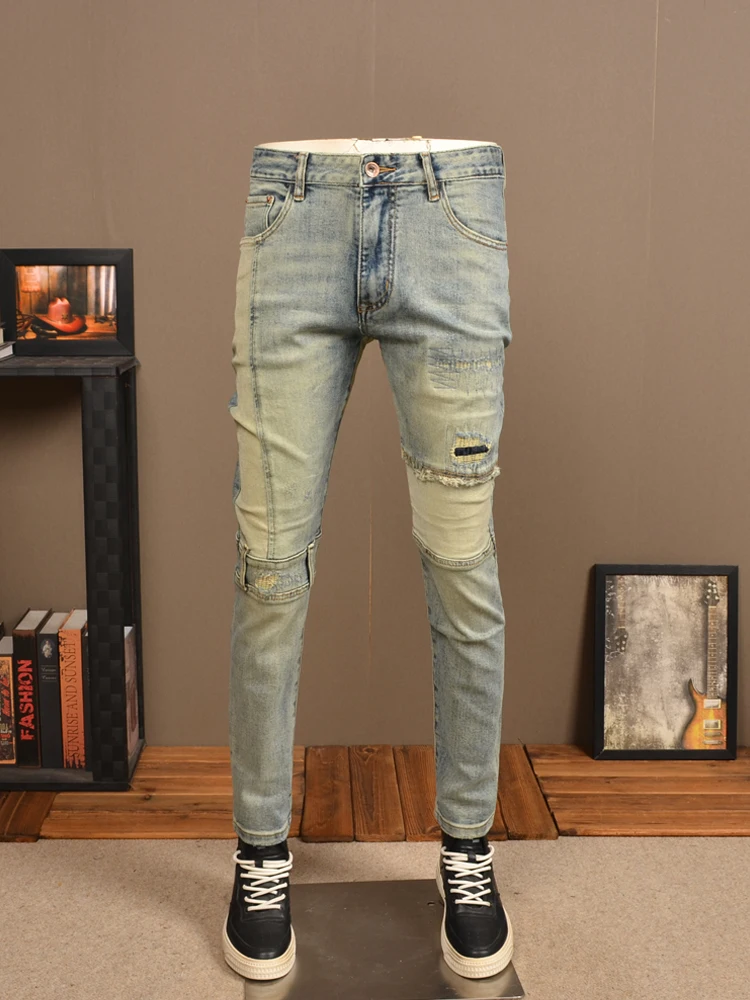 Vintage Ripped Patch Jeans Men Autumn Light Blue Slim Fit Straight Pants Streetwear Casual Retro Patchwork Denim Trousers