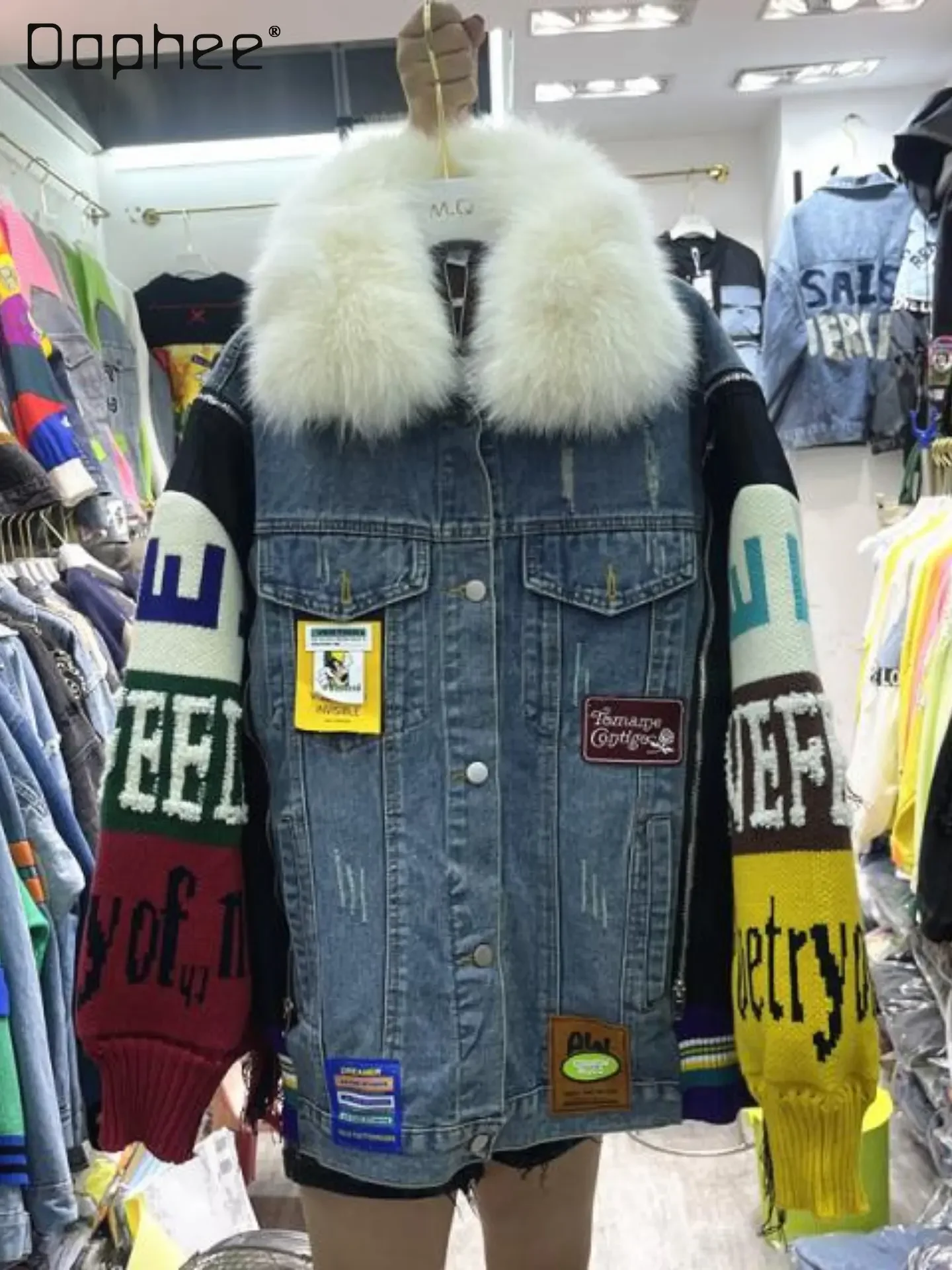 

Winter Clothes New Thick Quilted Long Sleeve Big Fur Collar Denim Coat Women's Fashion Width Knitted Sleeve Stitching Jacket