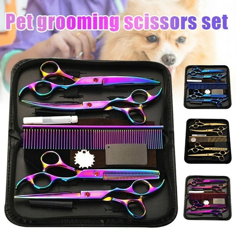 

7 Inch Professional Dog Pet Hair Grooming Scissors Kit Cutting Thinning Curved Shears Set dog grooming