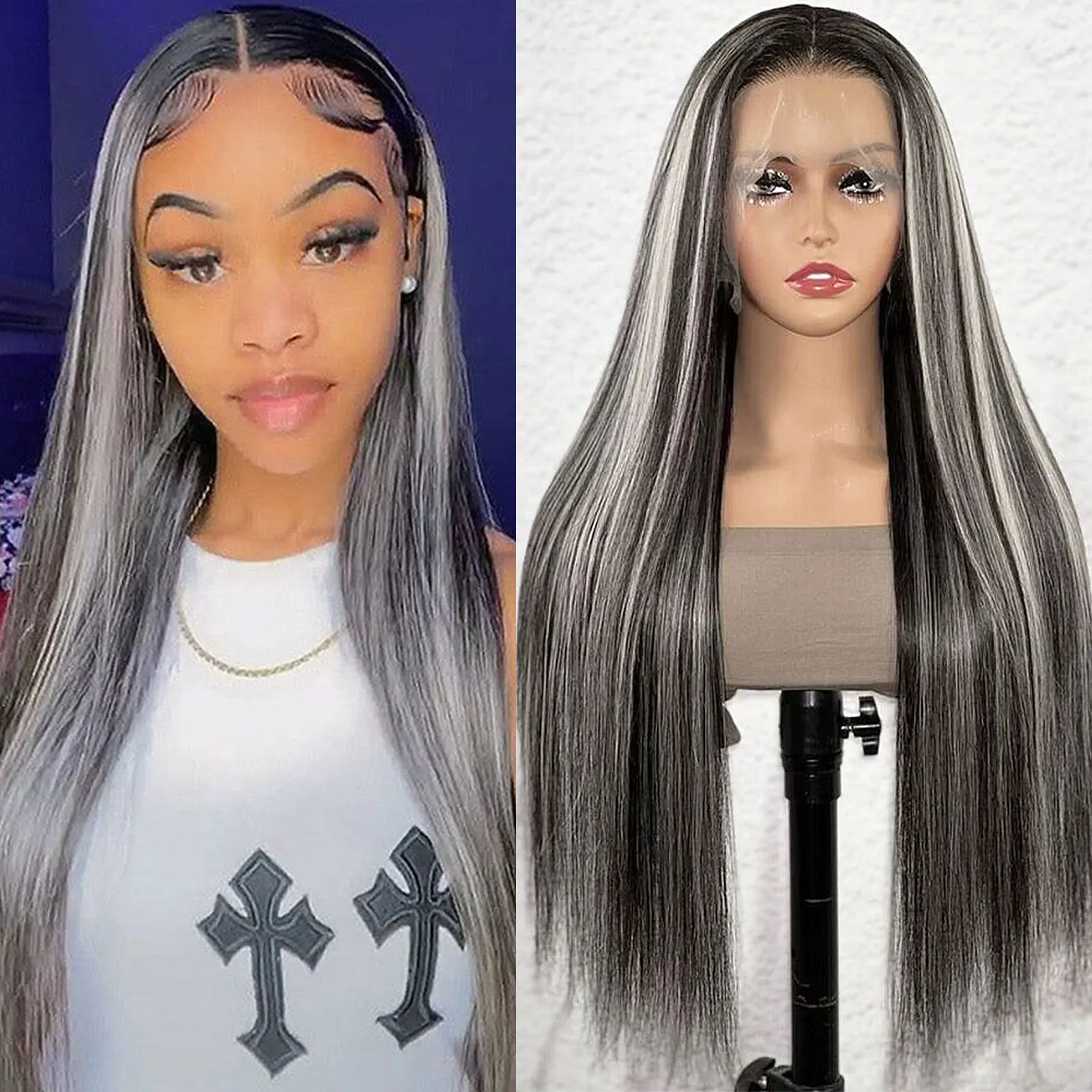 

28 Inch 13x4 Lace Front Black Grey Highlight Human Hair Brazilian Wigs On Sale Straight Colored 4x4 Lace Closure Wig For Women
