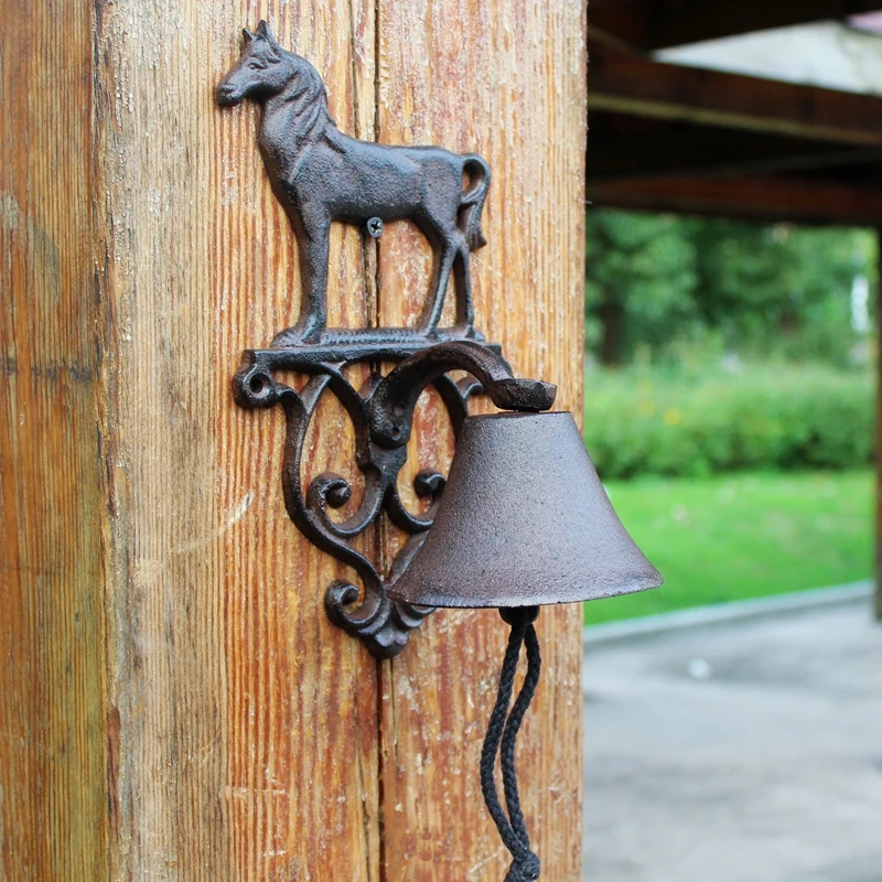 Standing Horse Cast Iron Hand Cranking Bell Farm House Accents Antique Rustic Home Garden Decor Wall Mounted Welcome Door Bell