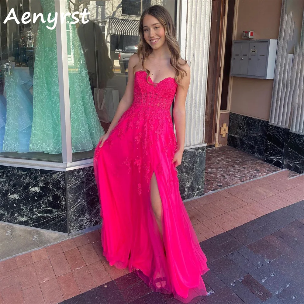 

Aenyrst Rose Red Sweetheart A Line Evening Dresses Lace Backless Side Split Prom Gown Sweep Train Party Dress Long فساتين السهرة