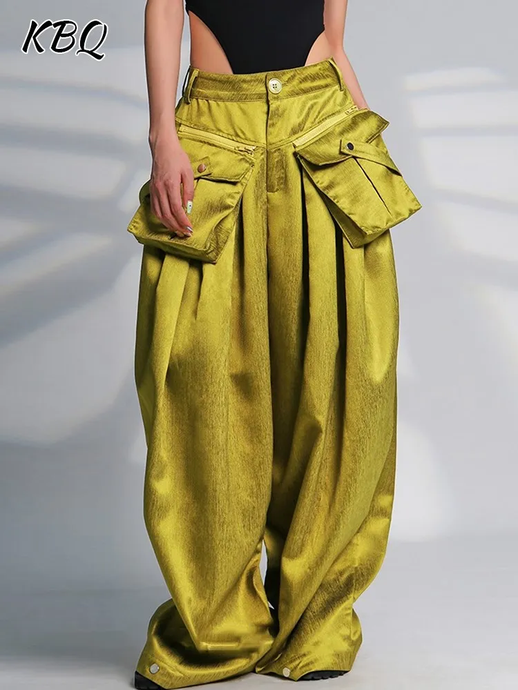 

KBQ Patchwork Pocket Solid Floor Length Pants For Women High Waist Folds Casual Wide Leg Trousers Female Fashion Style Clothing