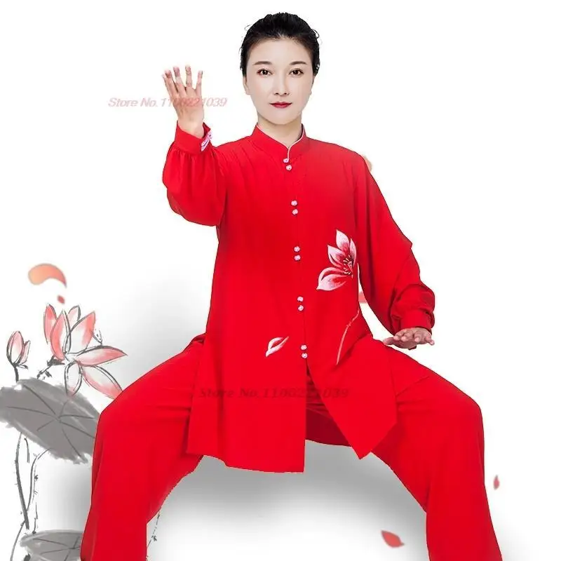 

2024 traditional chinese tai chi kung fu uniform national flower print exercise wushu clothing martial arts kung fu tops+pants